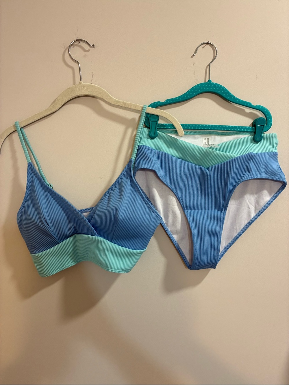 Two-Tone Blue and Mint Ribbed Bikini Set Size Medium High Waist
